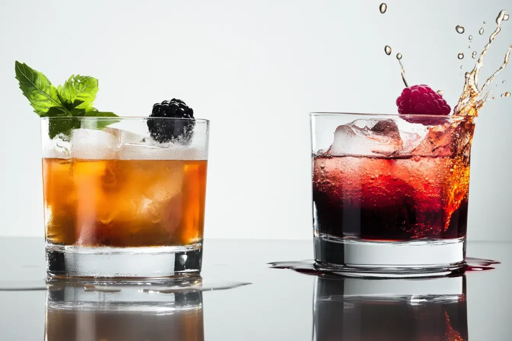 Side-by-side differences between Vegas Bomb and Jäger Bomb with vibrant colors and garnishes.