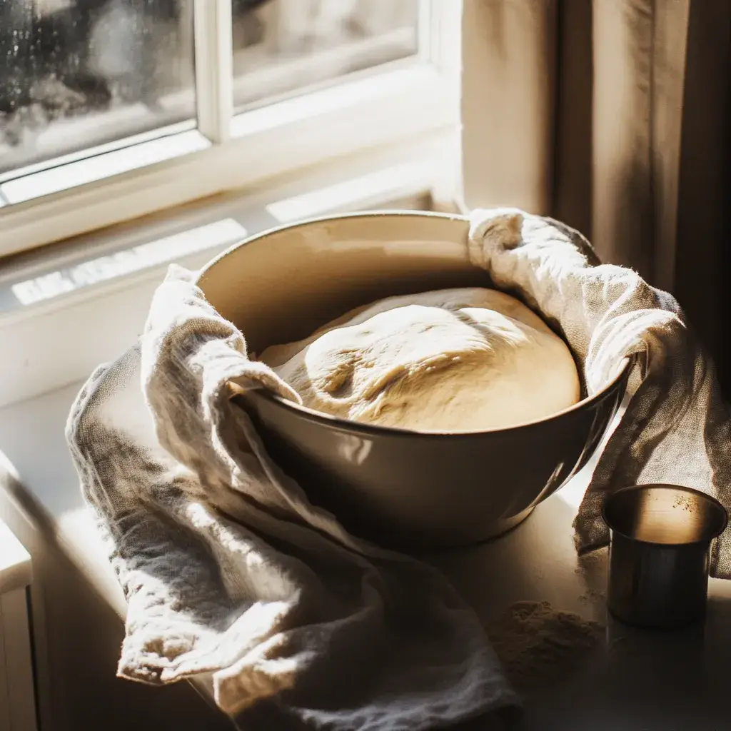 Close-up of hands mixing dough with flour, yeast, and butter in a large bowl, preparing Kaiser rolls.