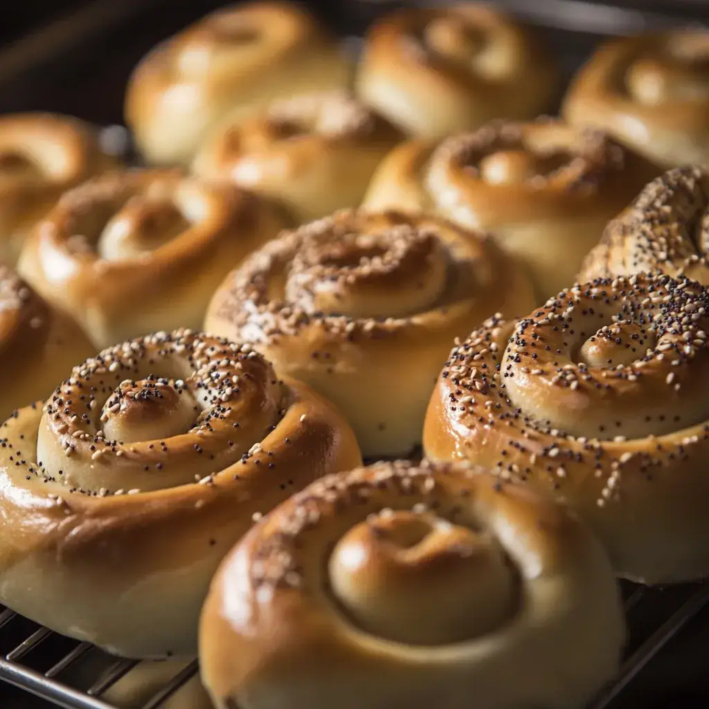 Spiral-designed Kaiser rolls brushed with milk and sprinkled with sesame seeds, baking to golden perfection.