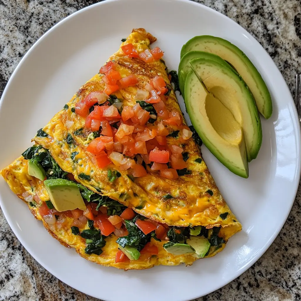 Keto omelette with spinach, bell peppers, and cheddar cheese on a white plate