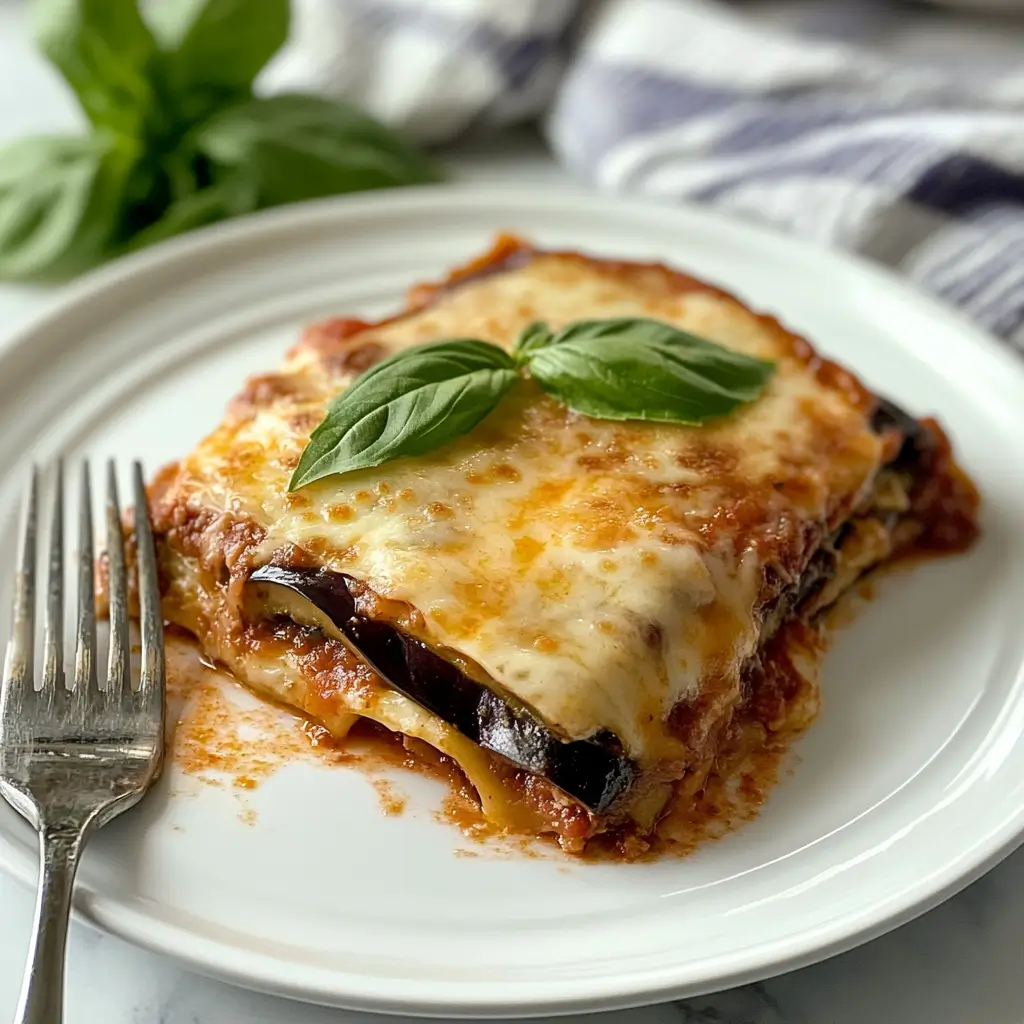 Keto eggplant lasagna slice topped with marinara and melted cheese.