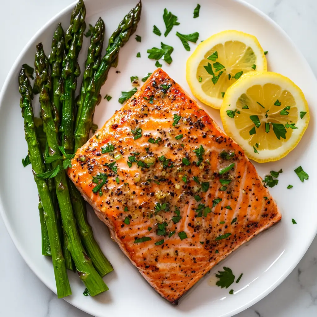 Garlic butter salmon with lemon slices and steamed asparagus.