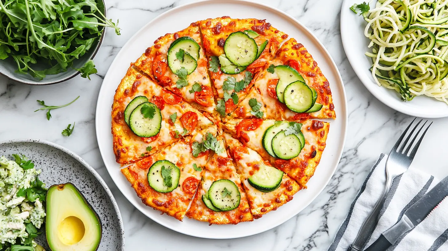 Assortment of keto recipes, including avocado chicken salad, cauliflower crust pizza, and zucchini noodles on a marble counter.