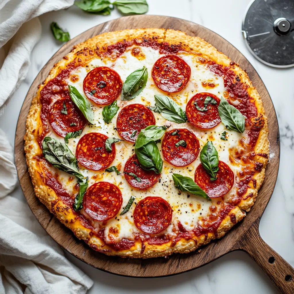 Cauliflower crust keto pizza topped with mozzarella, pepperoni, and basil.