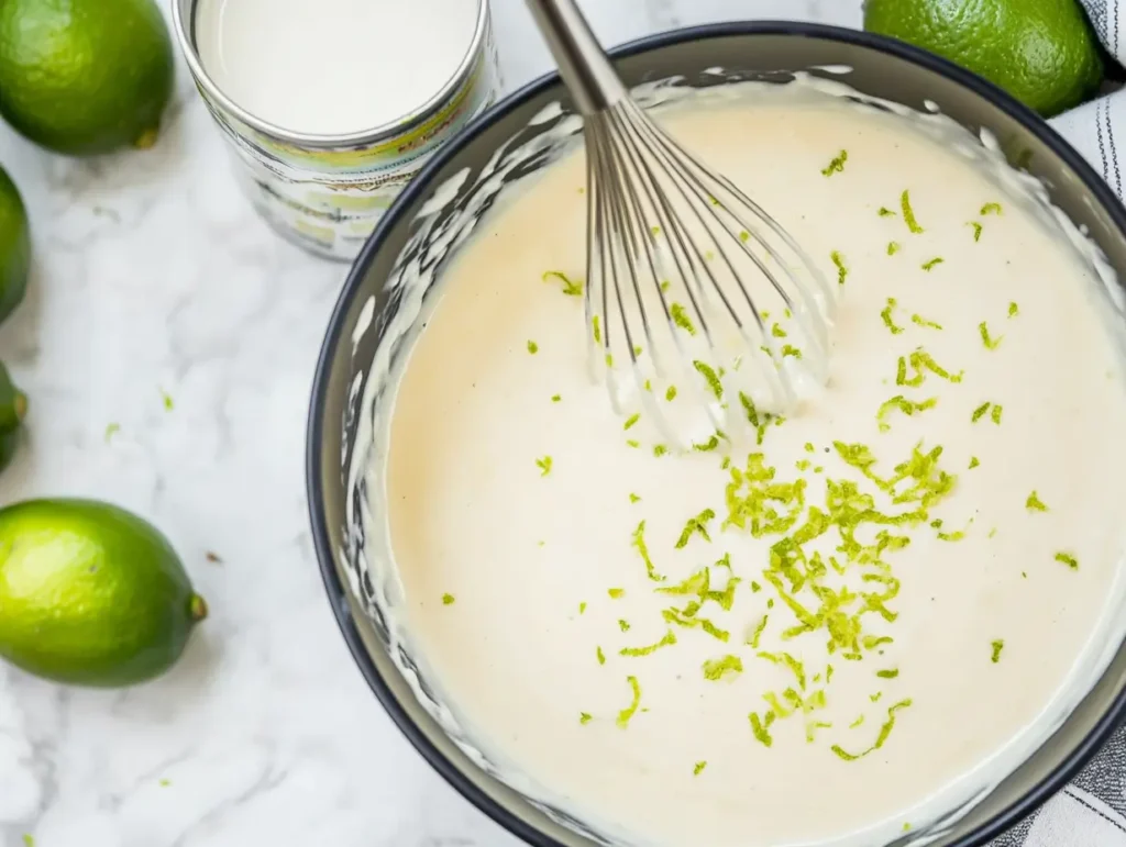 Close-up of smooth key lime pie filling in a bowl with lime zest and a whisk, surrounded by fresh limes and baking ingredients