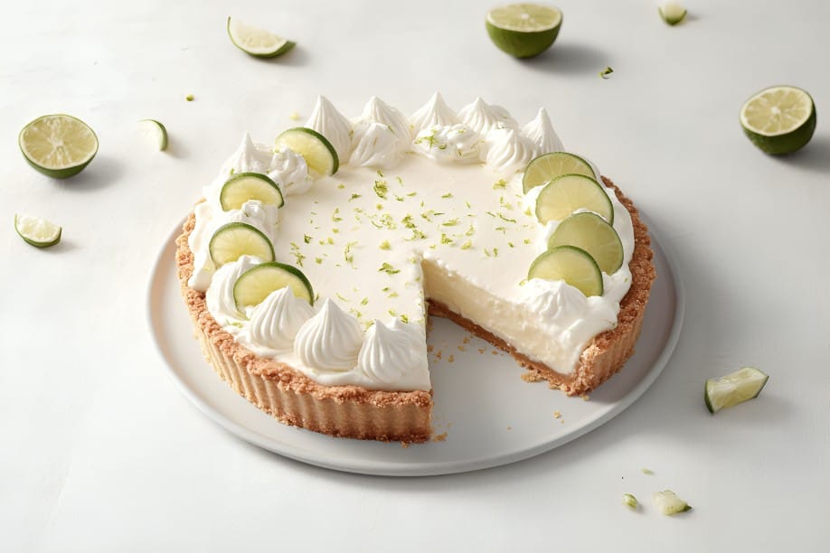 Close-up view of a key lime pie with a golden graham cracker crust, creamy filling, and whipped cream topping, garnished with lime zest