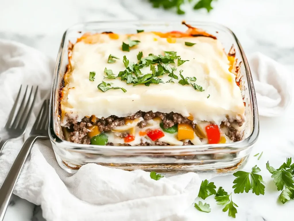 Cross-section of a layered casserole with mashed potatoes, ground beef, vegetables, and melted cheese