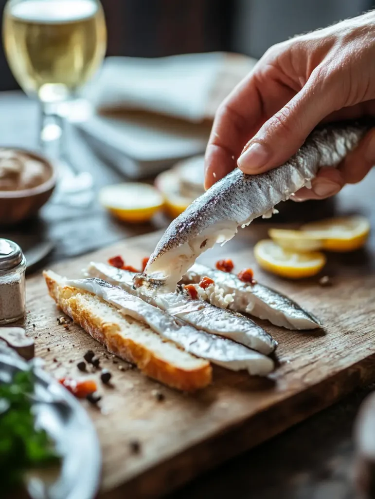 Matjes herring fillets being layered onto the sauced bread roll.