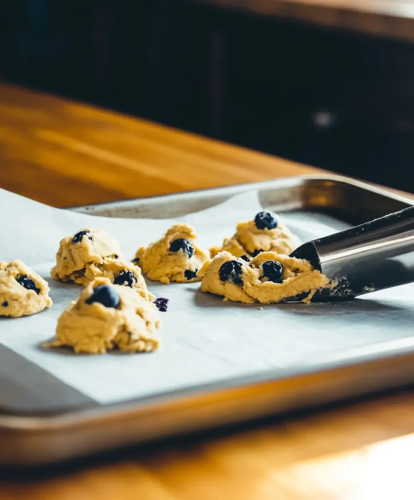 Lemon blueberry cookie dough scooped onto a baking sheet ready to bake