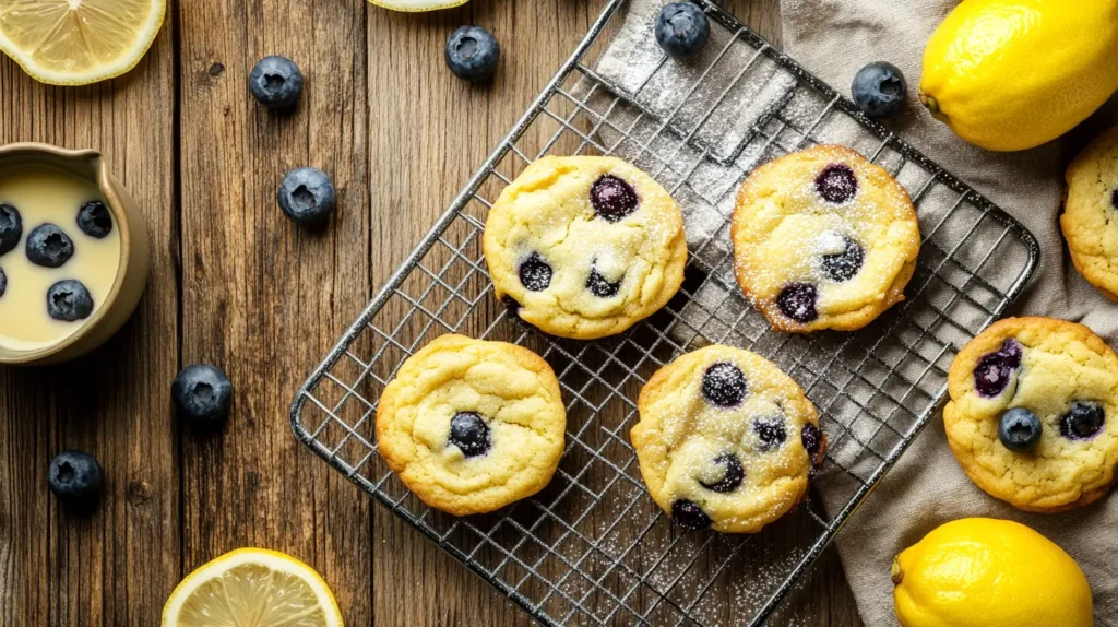 Freshly baked lemon blueberry cookies cooling on a rack with lemon slices and blueberries