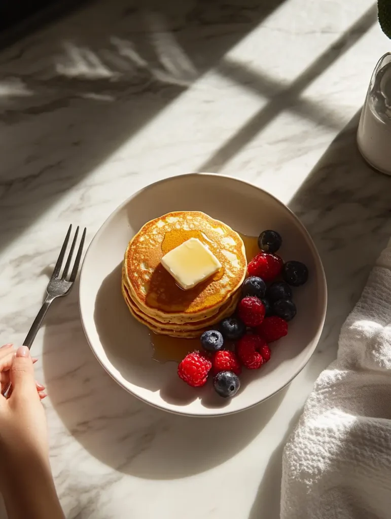 Low-carb almond flour pancakes topped with butter and syrup, served with berries.