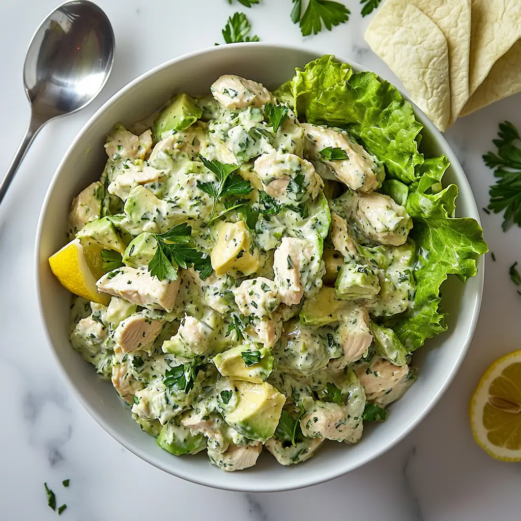 Keto Recipes avocado chicken salad in a bowl with lettuce wraps on the side.