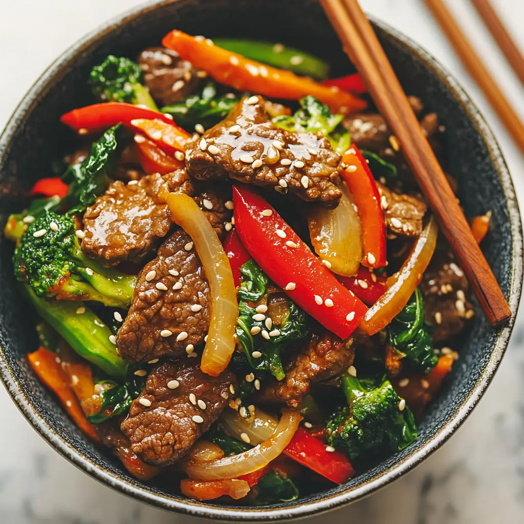 Low-carb beef stir-fry with colorful vegetables and sesame seeds.