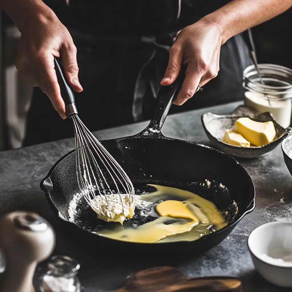 A close-up of a chef whisking flour into melted butter in a skillet to make a roux, with ingredients nearby.