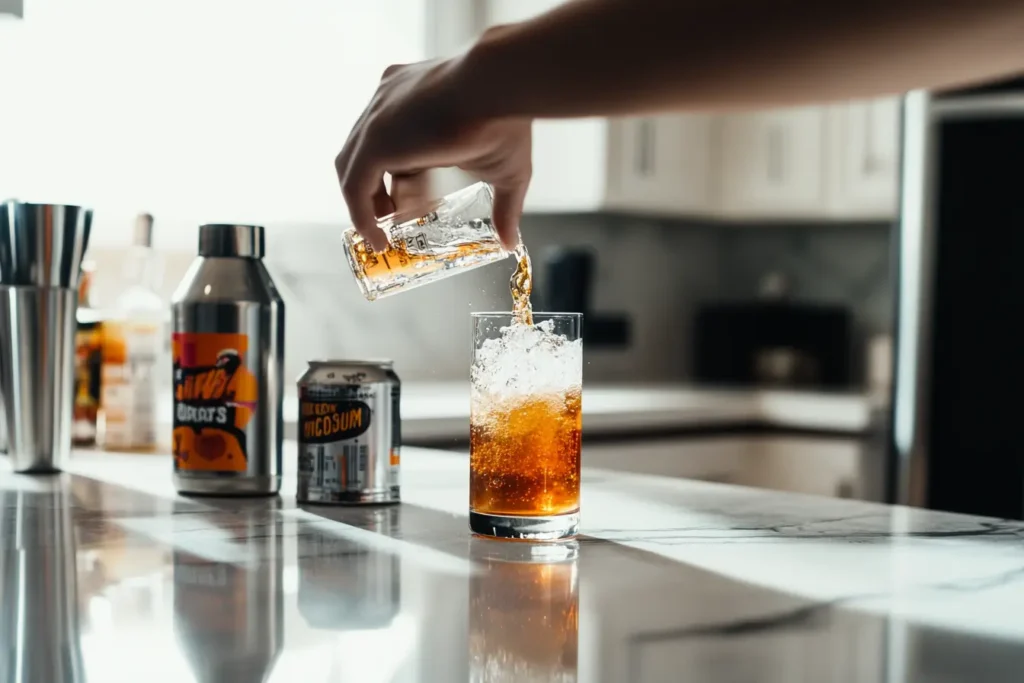 A Jäger Bomb being made with a shot glass dropped into a fizzing pint glass, surrounded by cocktail ingredients.