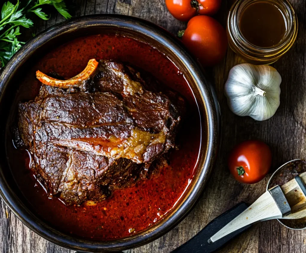 Close-up of beef chuck roast marinating in a vibrant birria sauce with guajillo chilies, garlic, and spices on a rustic countertop