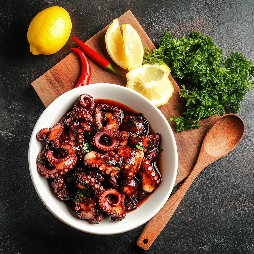 Marinated baby octopus in a bowl with olive oil, garlic, chili flakes, and lemon zest, surrounded by fresh herbs and spices