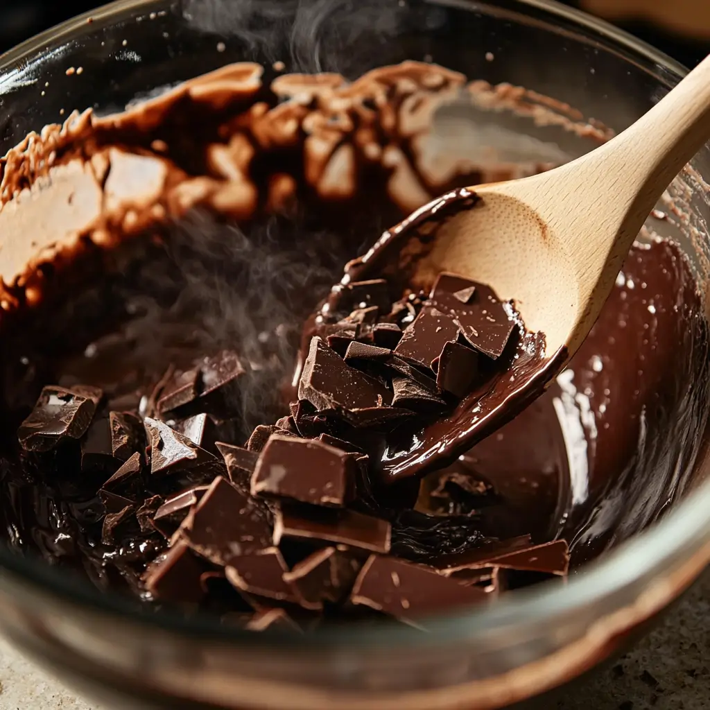 Dark chocolate melting in a bowl over a double boiler, stirred gently for a silky ganache.