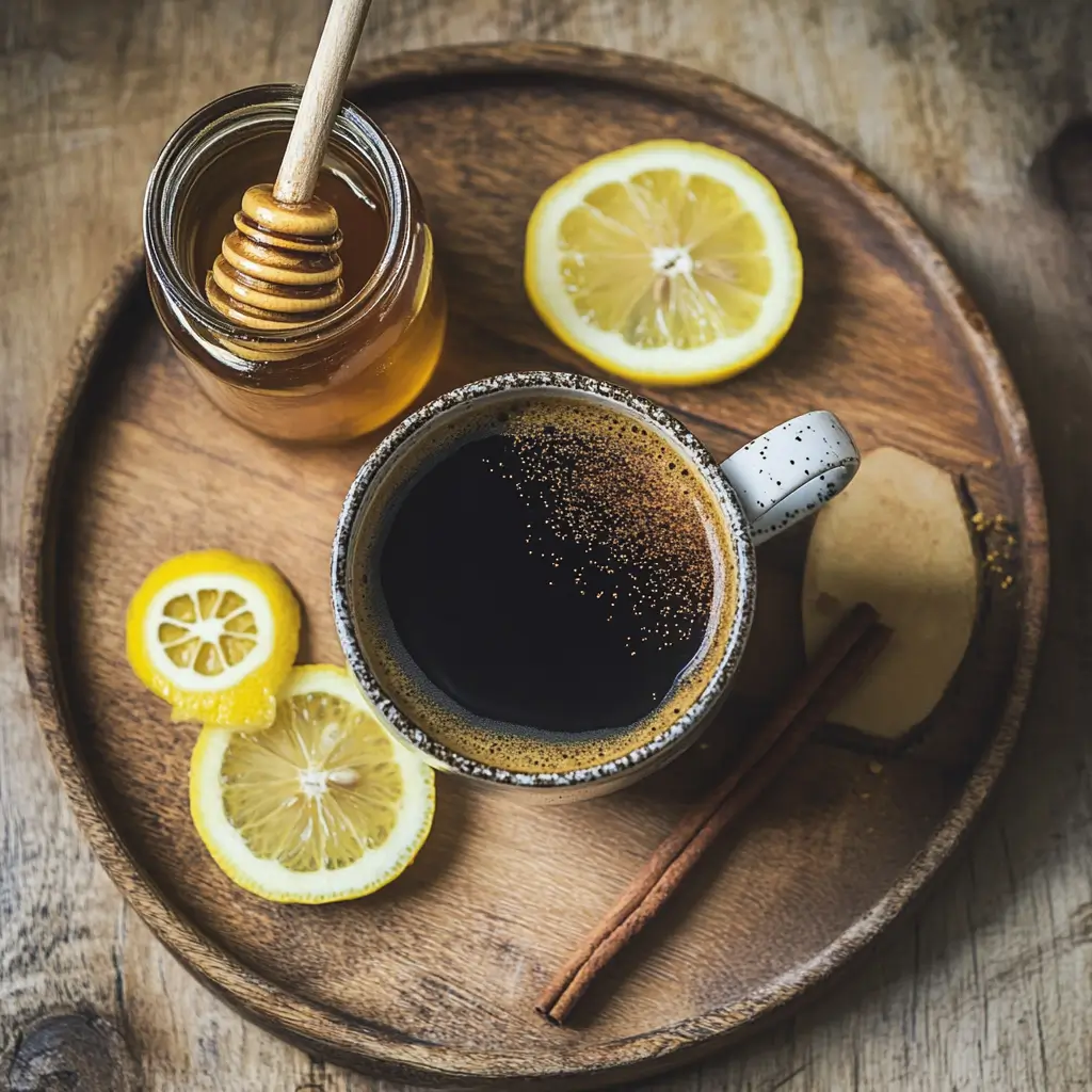 A steaming cup of black coffee with cinnamon and lemon slices on a rustic wooden tray, promoting the coffee loophole recipe.