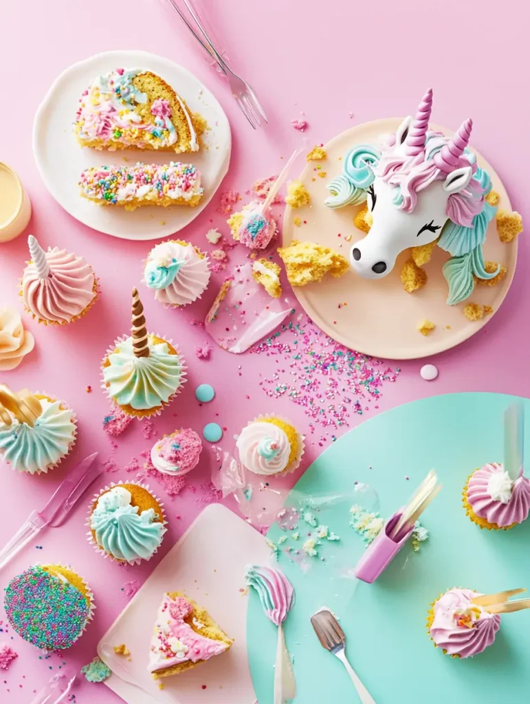 A spread of unicorn cake variations, including mini cakes, cupcakes, and a full unicorn cake centerpiece on a pastel table.