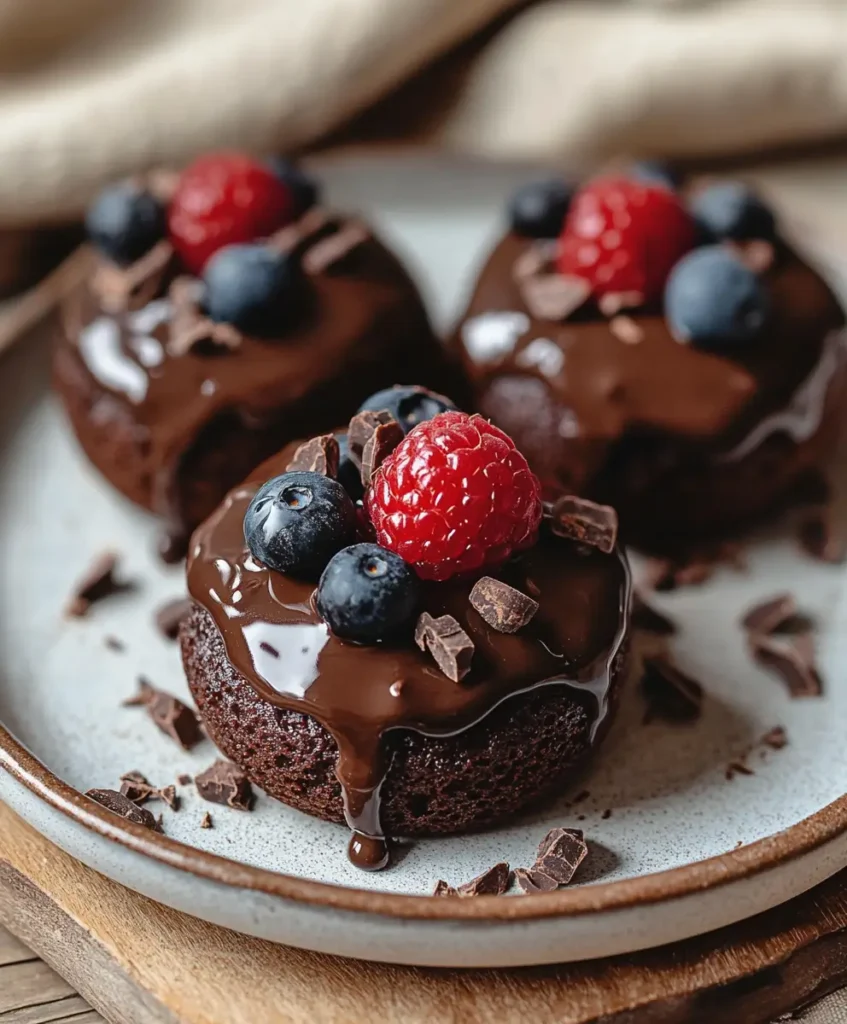 Mini chocolate cake with glossy ganache and chocolate shavings on a slate plate.