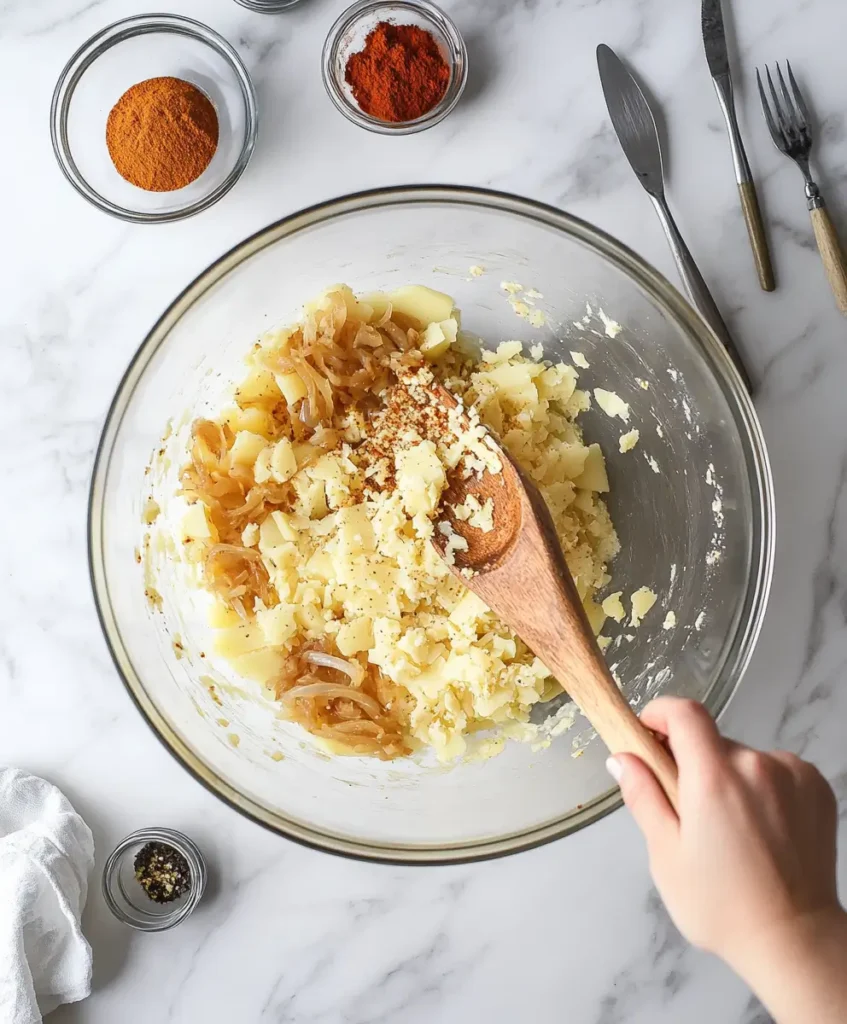 Mixing grated potatoes, caramelized onions, eggs, and seasonings in a large bowl for potato pie batter