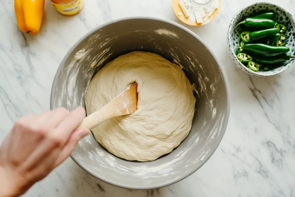 Sticky dough for vegan jalapeno cheese artisan bread being mixed in a bowl with wooden spoon, jalapeños, and vegan cheese nearby.