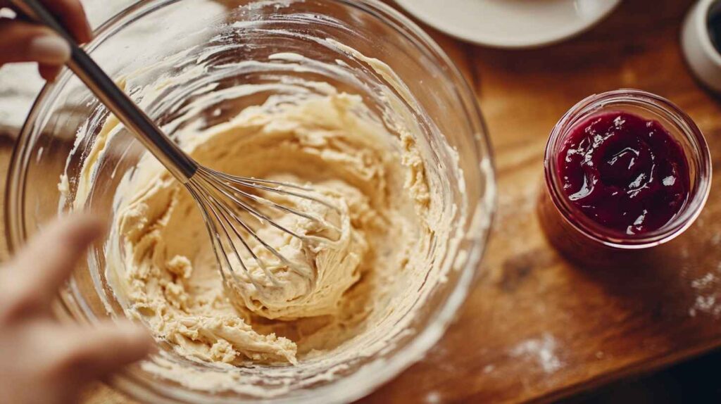 A home baker whisking muffin batter in a glass bowl with guava jelly nearby, ready to be swirled.