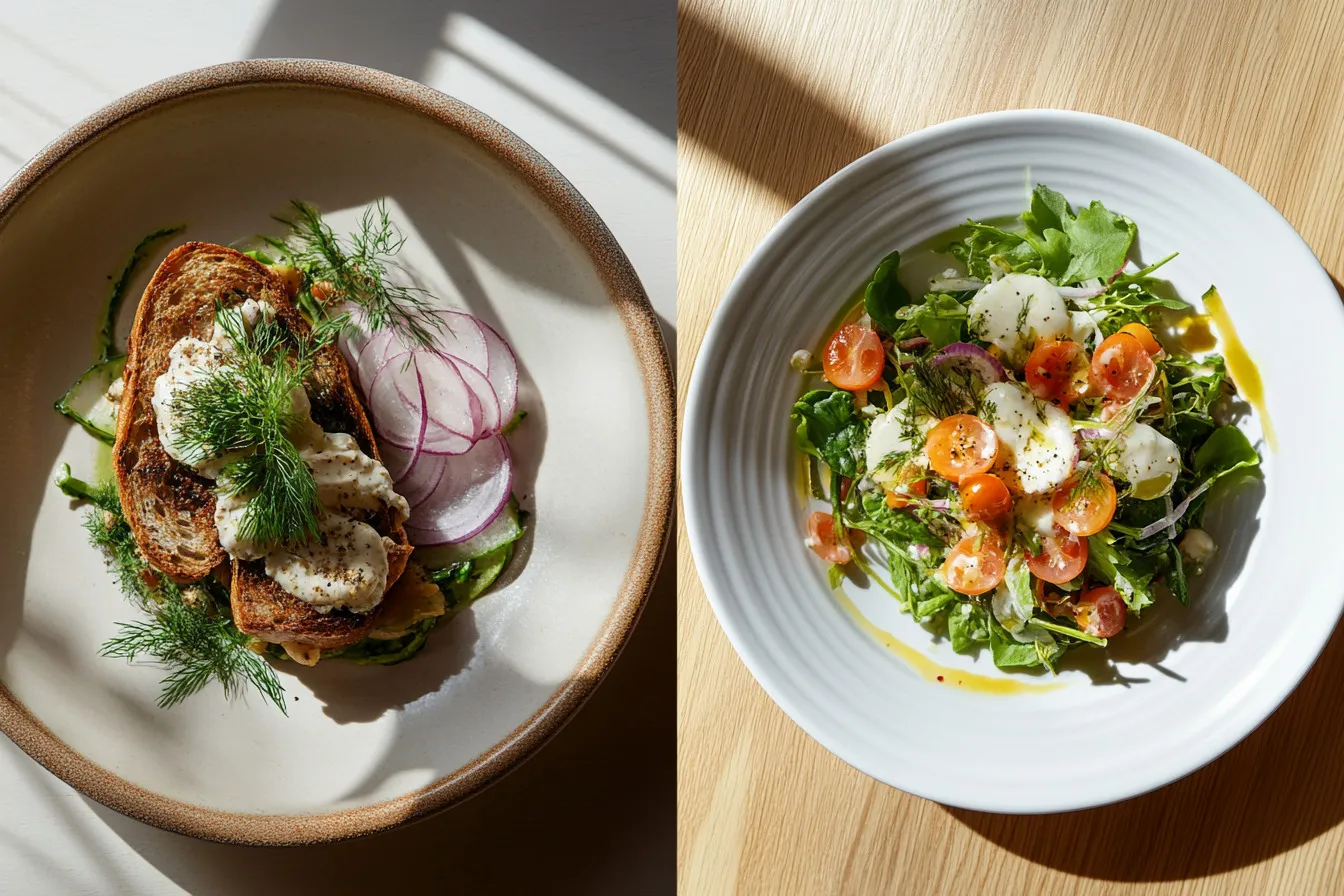 Two styles of Matjes dishes: traditional with rye bread and onions, and modern with salad and toast.