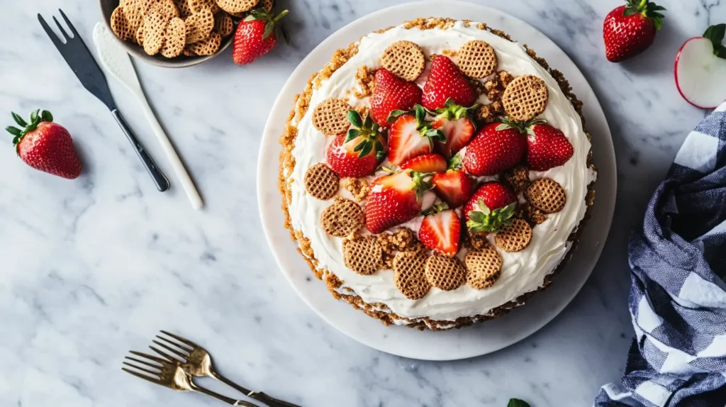 No-bake wafer cookie cake layered with cream and topped with crushed cookies and strawberries.