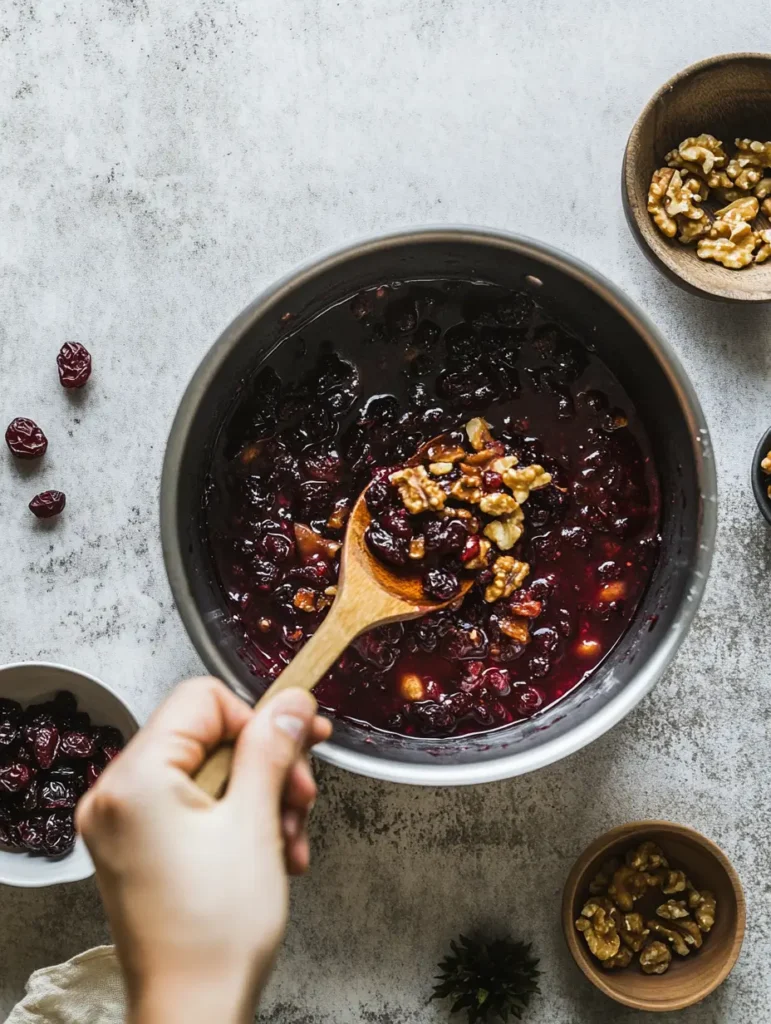 A close-up of canned cherry pie filling and cranberry sauce being stirred in a saucepan, ready for a delicious recipe.