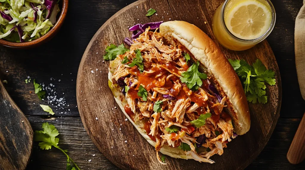 A close-up of Pan Con Pollo, the traditional Salvadoran chicken sandwich with fresh vegetables and savory sauce