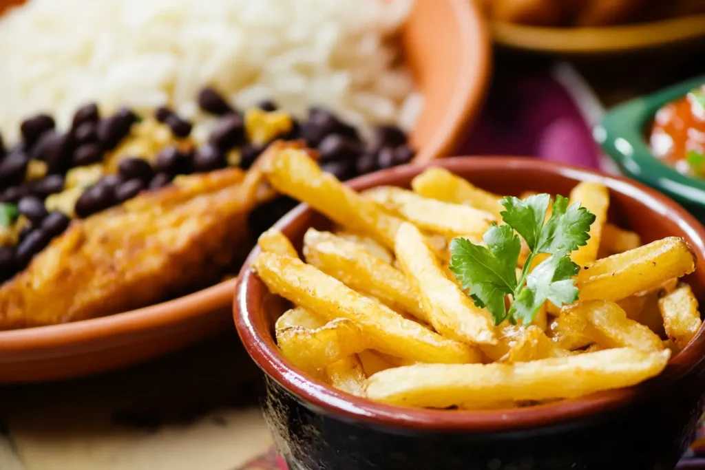 A Cuban meal featuring papas fritas, Bistec Palomilla, black beans, and white rice on a table