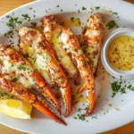 Perfectly cooked snow crab legs on a platter & butter and lemon garnish