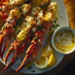 Perfectly cooked Snow Crab Legs on a platter with butter and lemon garnish