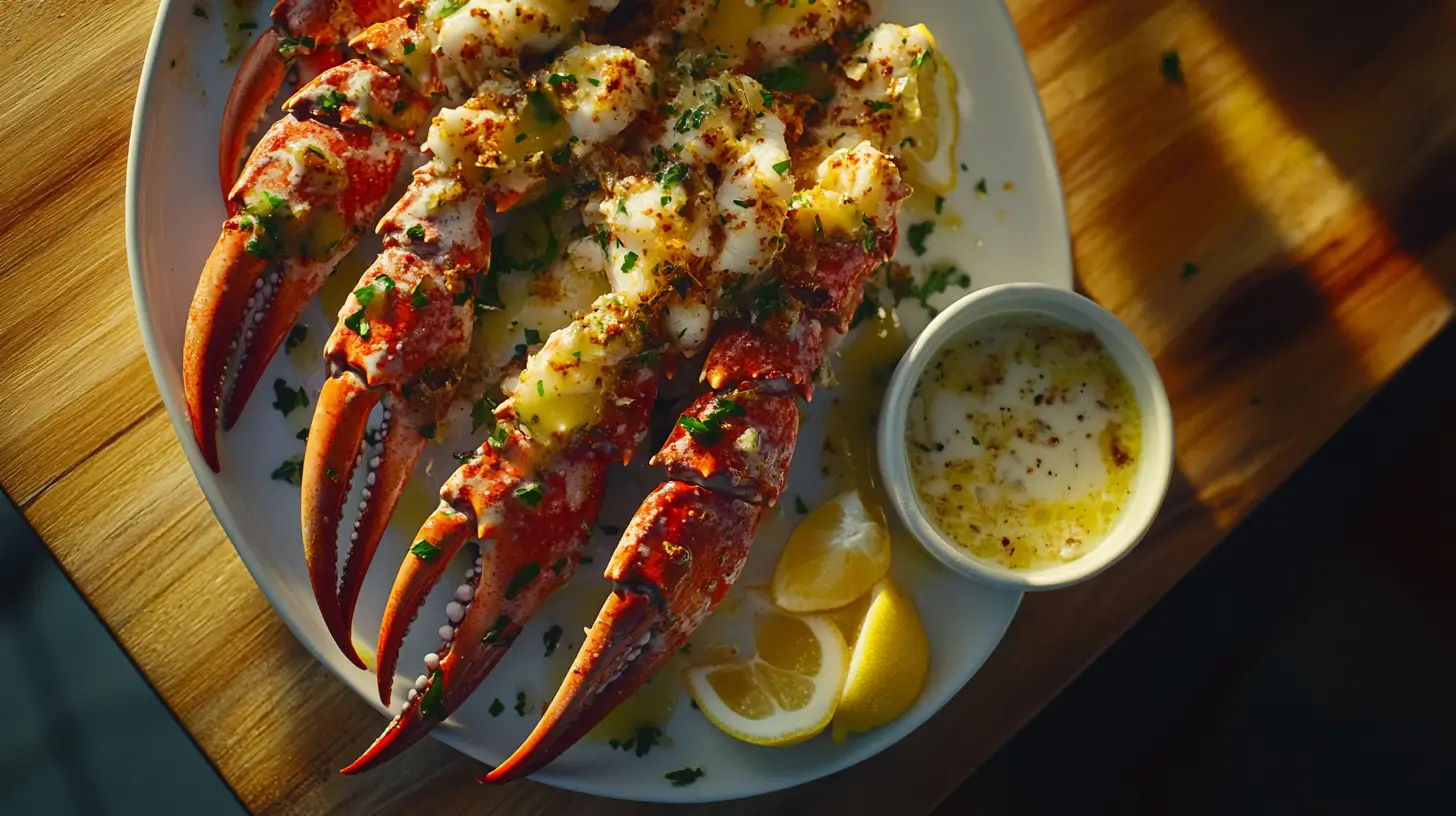 Perfectly cooked Snow Crab Legs on a platter with butter and lemon garnish