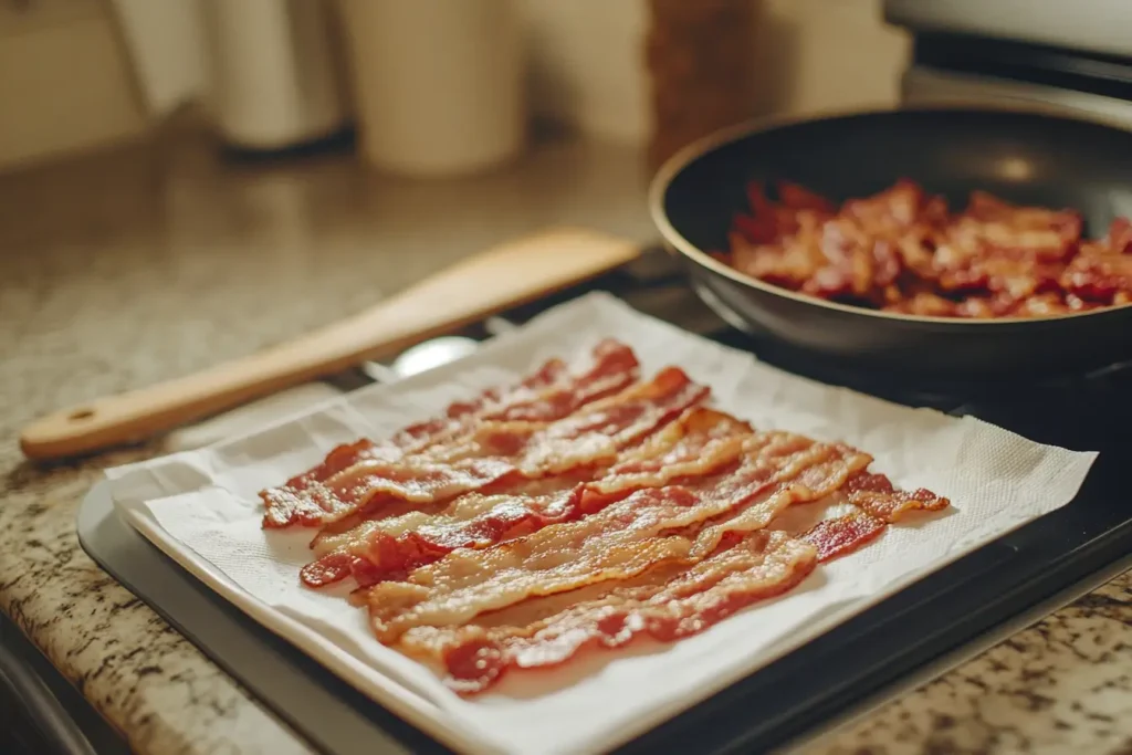 Crispy bacon strips on a paper towel-lined plate with a skillet of sizzling bacon bits in the background.