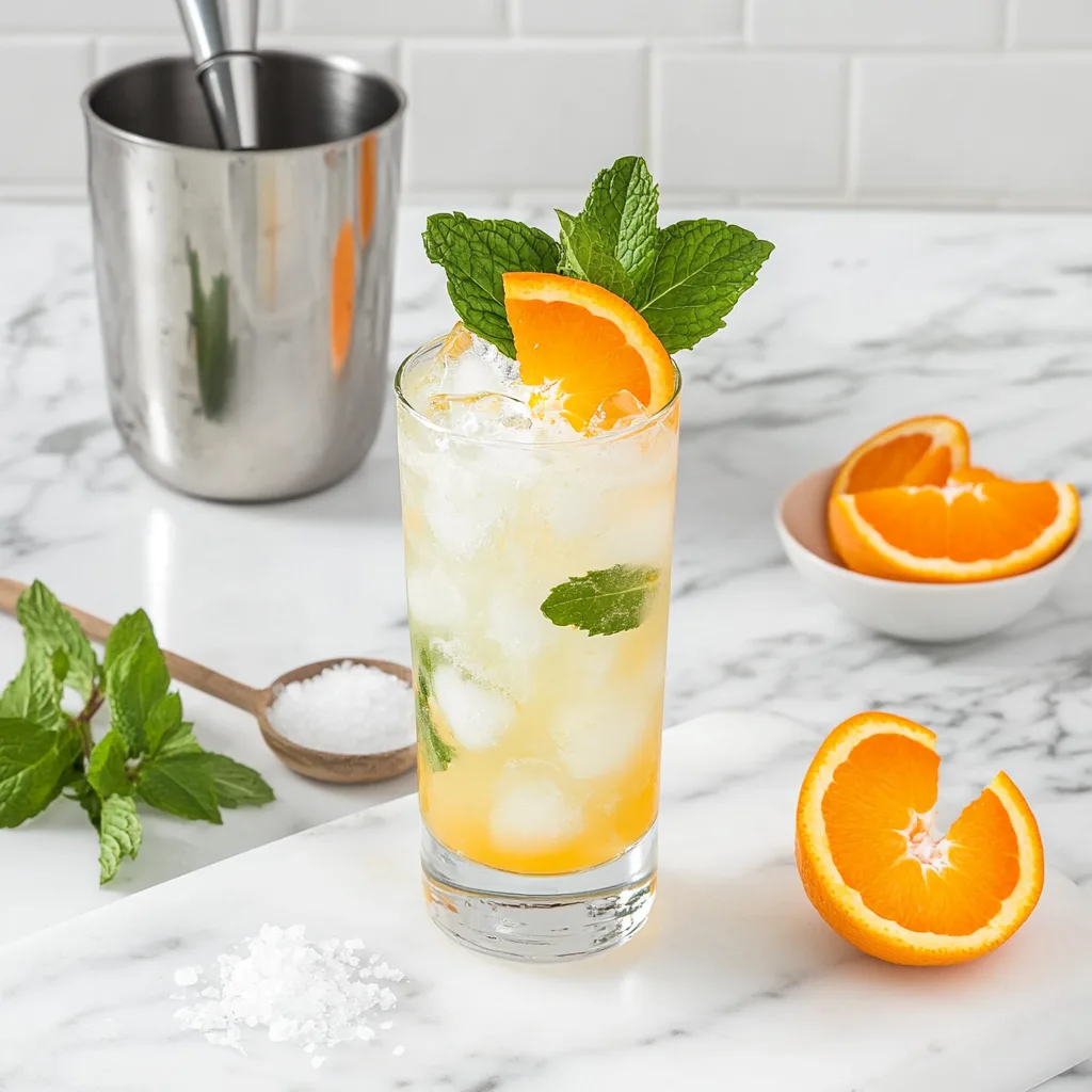 Finished adrenal cocktail in a tall glass with ice, garnished with mint leaves and orange wedge on a marble countertop