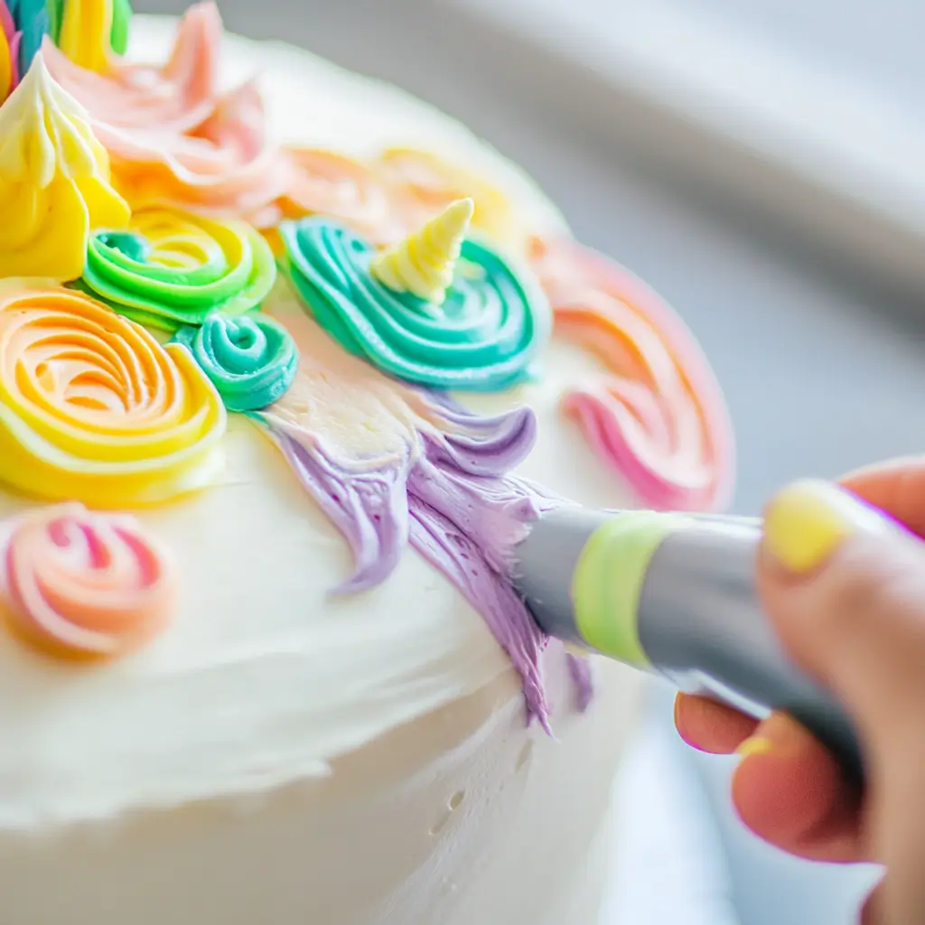 Close-up of a baker piping pastel buttercream swirls onto a cake to create a unicorn mane with rainbow colors.