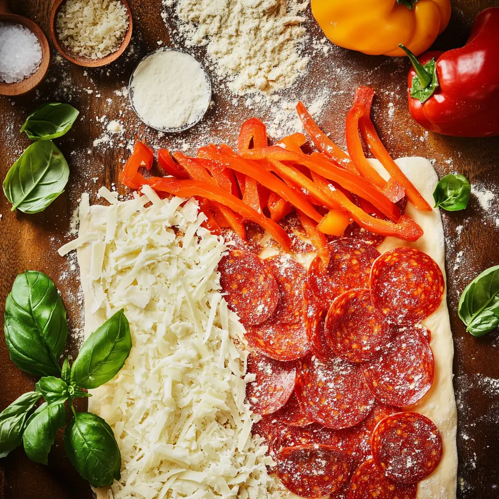 Rolled-out dough topped with marinara, cheese, and pepperoni, surrounded by fresh pizza ingredients.