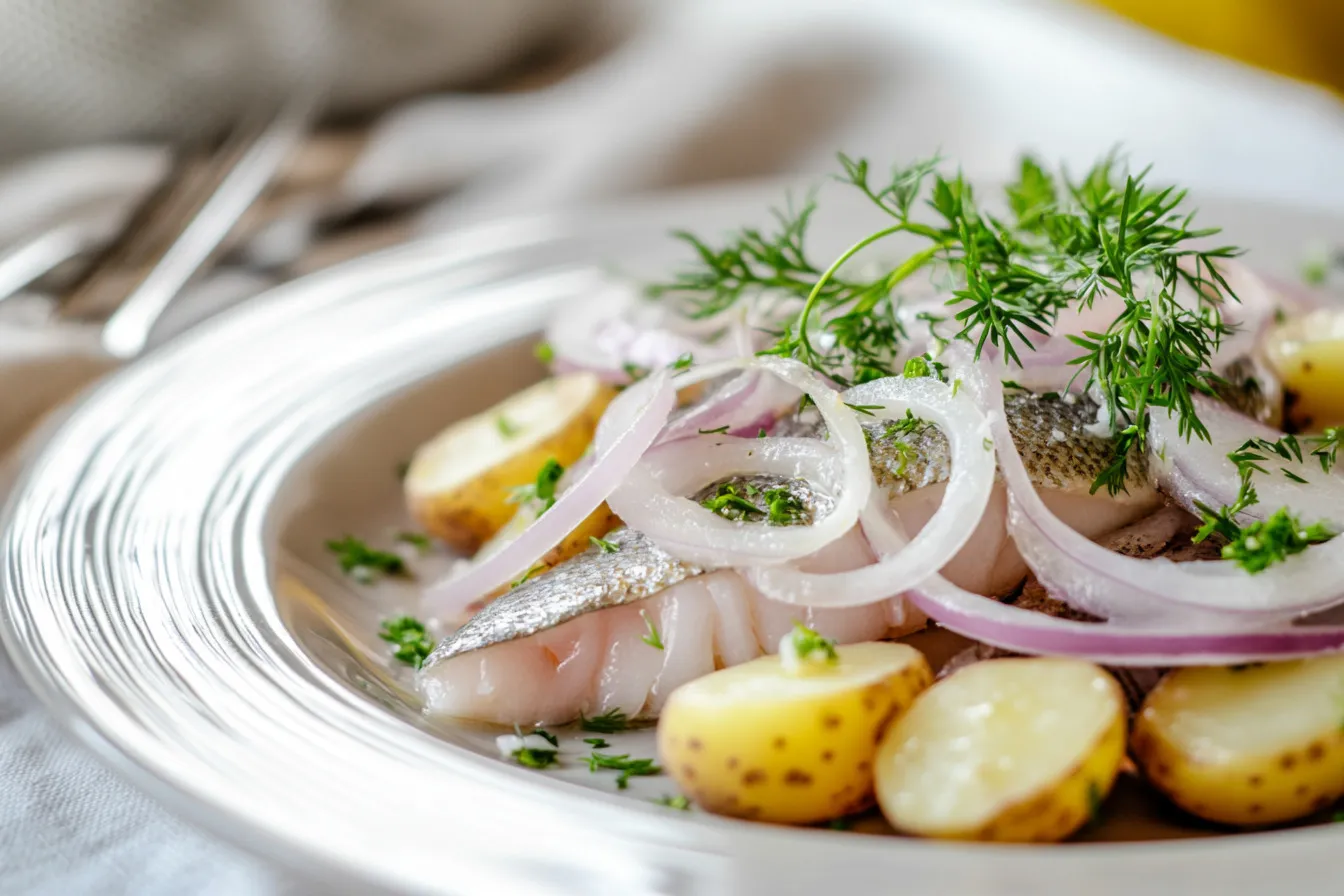 A plate of Matjes herring served with sliced onions, boiled potatoes, and fresh dill