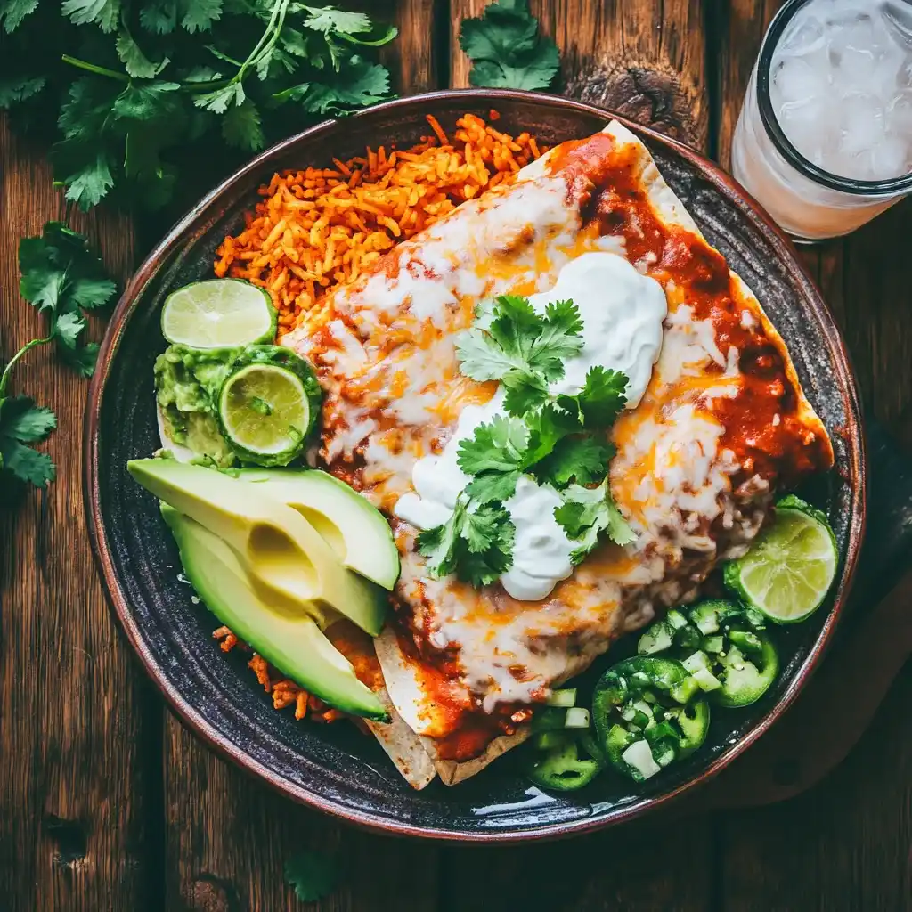 Plated Boulder’s enchiladas with cilantro, sour cream, and avocado slices, served with Mexican rice and refried beans.