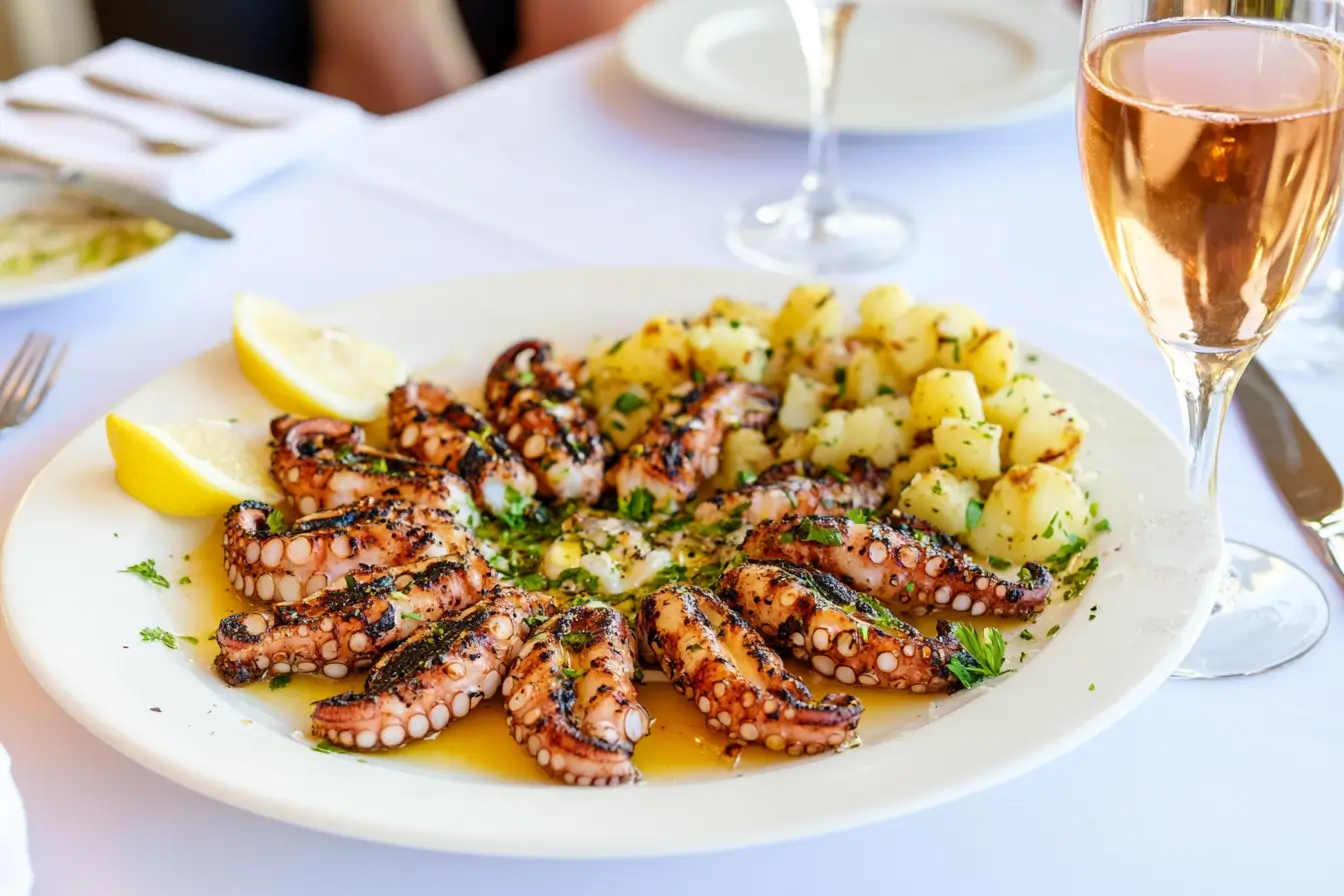 Grilled baby octopus on a white platter garnished with parsley and lemon, served with crushed lemon potatoes and rosé wine