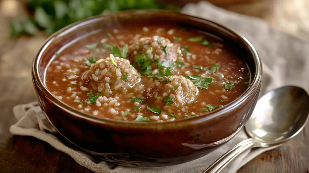 A bowl of porcupine soup with rice meatballs in tomato broth, garnished with parsley, served on a rustic wooden table.