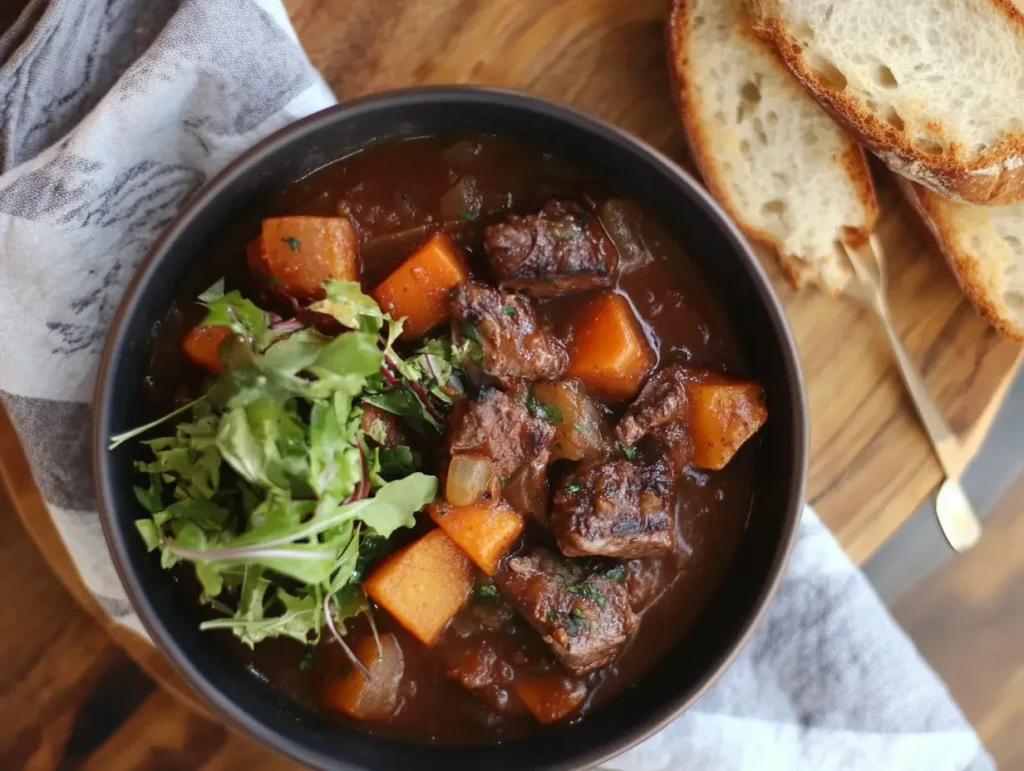 A bowl of porcupine soup served with crusty bread and a fresh salad on a wooden table.