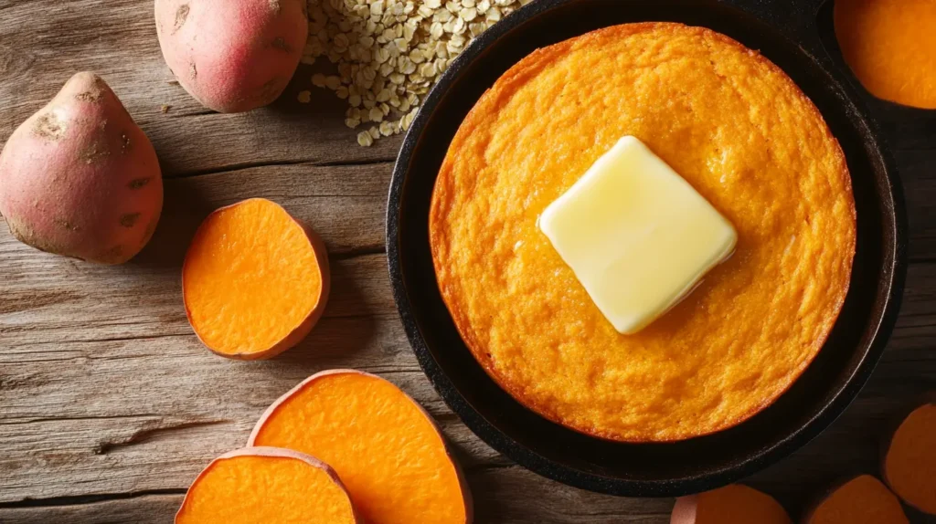 Golden-brown sweet potato cornbread in a cast iron skillet with butter melting on top.