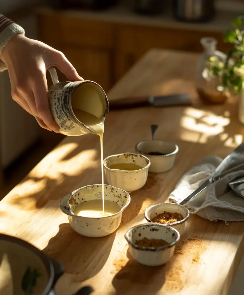 Pouring melted butter into a mold with an edible wick for a homemade butter candle.