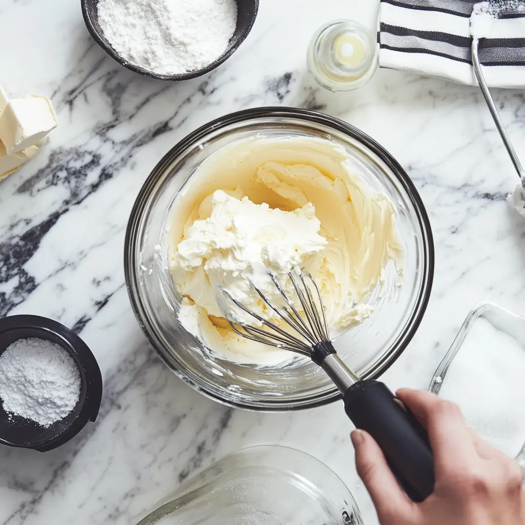 Mixing creamy cheesecake filling in a glass bowl with a hand mixer