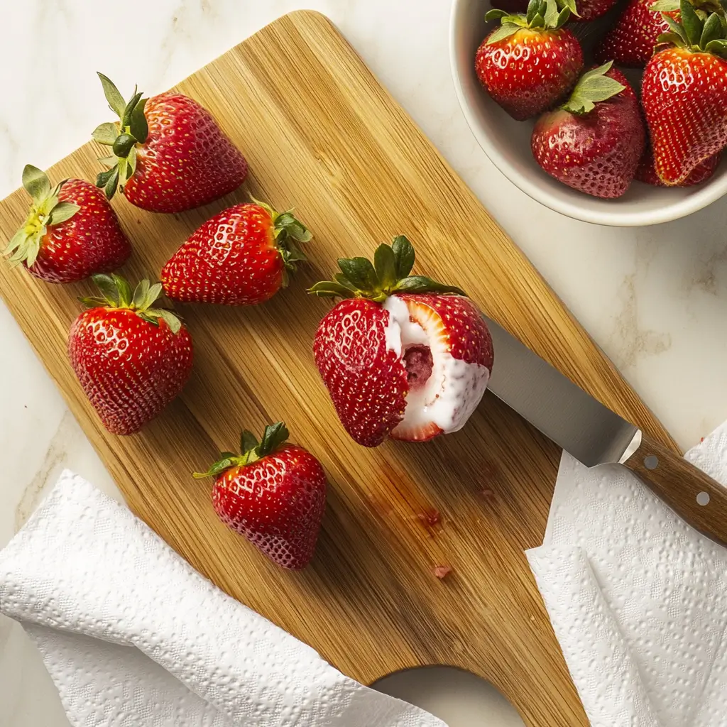 Hollowing out strawberries on a wooden cutting board during the preparation process