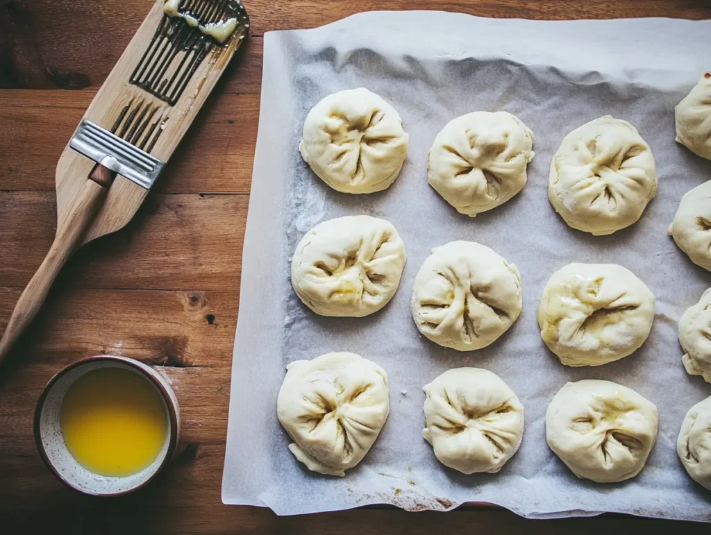 Uncooked pizza puffs with crimped edges on a baking tray, with a pastry brush and egg wash nearby